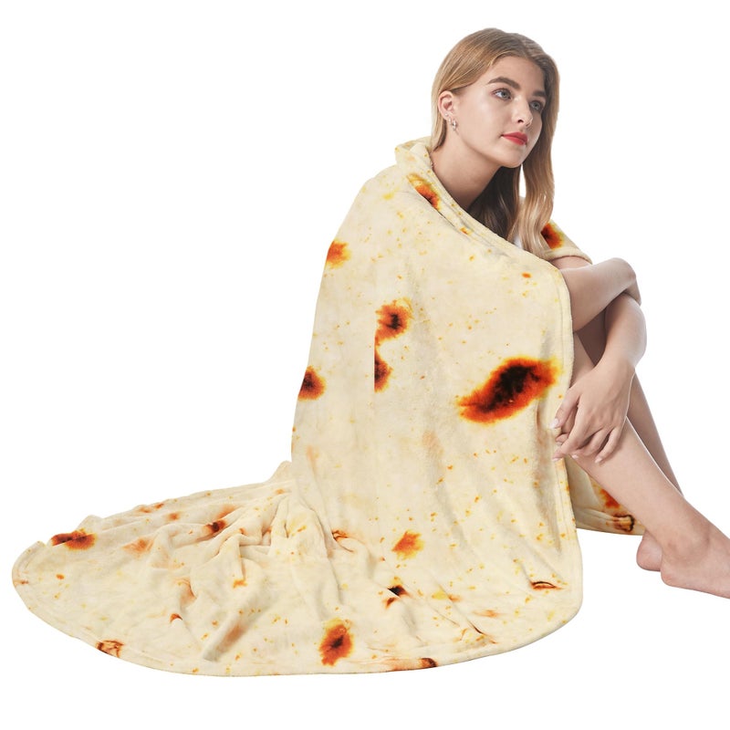 Admitrack Burrito Tortilla Blanket 71in, Double Sided Super Soft Flannel Throw, Gag Novelty Tortilla White Elephant Gift for Christmas Adults Kids Couples Parties - Image 1